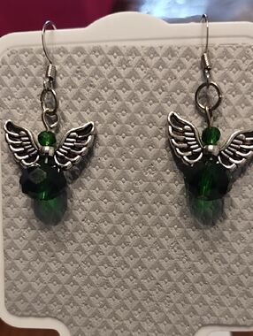 Green Angel Wing Drop Earrings - Unbranded